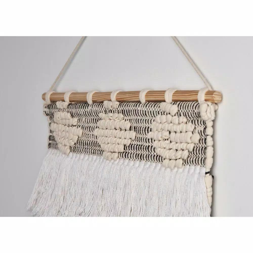 LR Home Bohemian Neutral Ivory Tasseled Wall Tapestry - Hand Woven Cotton Wall Hanging