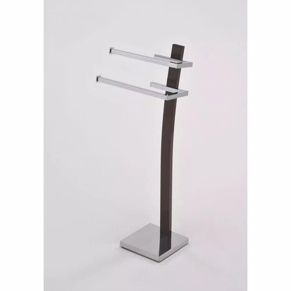 ORE International Modern Double Towel Holder - Chrome Stainless Steel Towel Rack with Brown Arc-Back Design