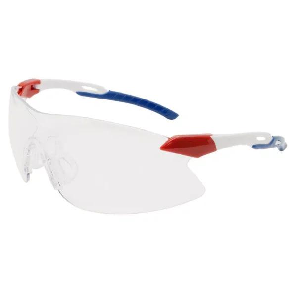 ERB Strikers Eye Protection Wraparound Safety Glasses, Clear Lens, Red/White/Blue Temples
