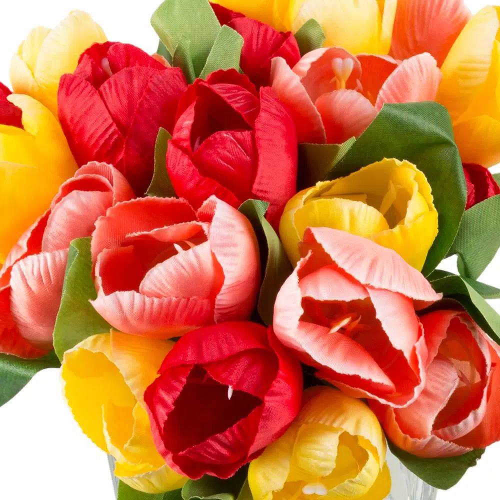 Pure Garden 8 in. Multicolor Tulip Artificial Floral Arrangement in Glass Vase