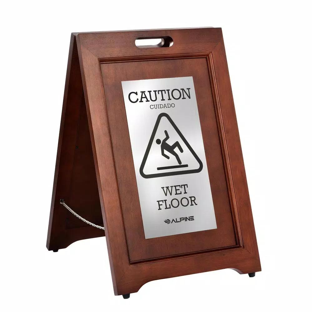 Alpine Industries 24 in. 2-Sided Bilingual Wet Floor Sign, Stainless Steel Plated Wood
