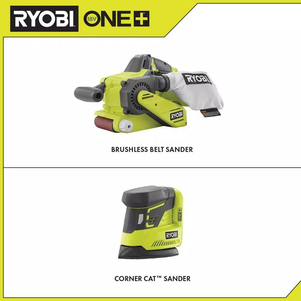 RYOBI 18V ONE+ Brushless Belt Sander and Corner Cat Finish Sander Combo Kit (Tools Only)