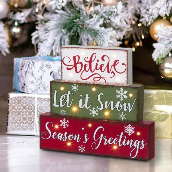 Glitzhome 11.81 in. LED Lighted Multi-color Wooden Block Word Sign, 14-Bulbs