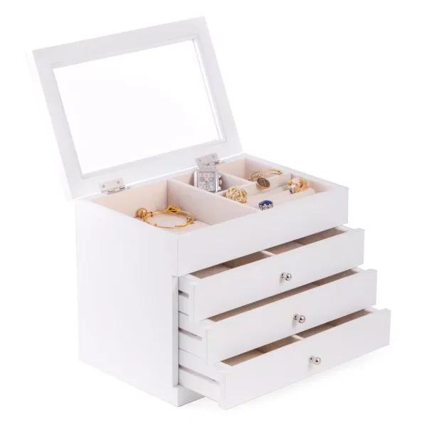 BEY-BERK White Wood Jewelry Case with Glass Top and 3 Drawers