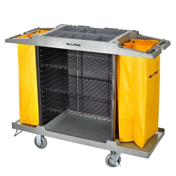 Alpine Industries 4-Shelf PVC Janitorial Cleaning Cart with 2 Yellow Vinyl Bags