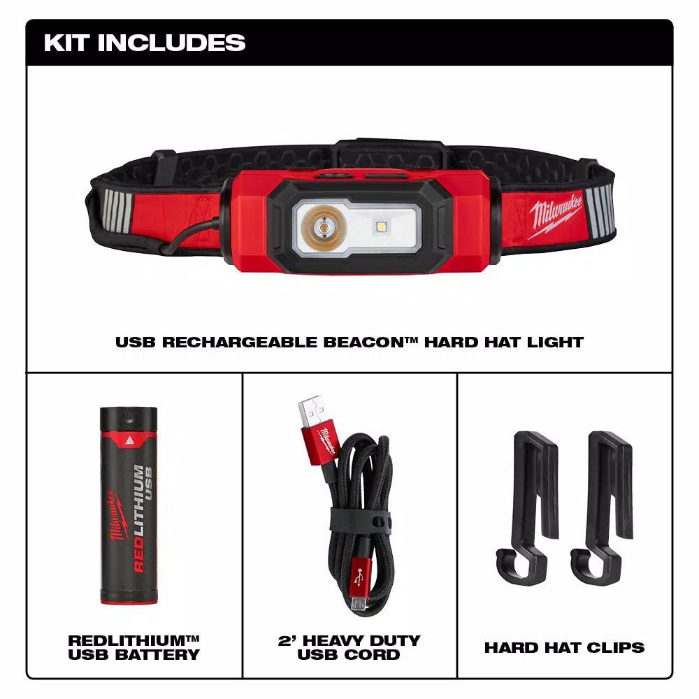 Milwaukee 600 Lumen USB Rechargeable BEACON Hard Hat Headlamp with Type 1 Class C Full Brim Vented Hard Hat