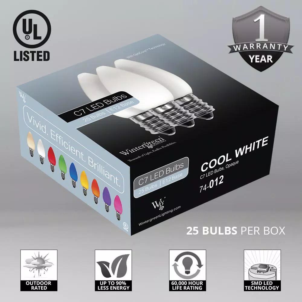 Wintergreen Lighting OptiCore C7 LED Cool White Smooth Opaque Christmas Light Bulbs, 25-Pack