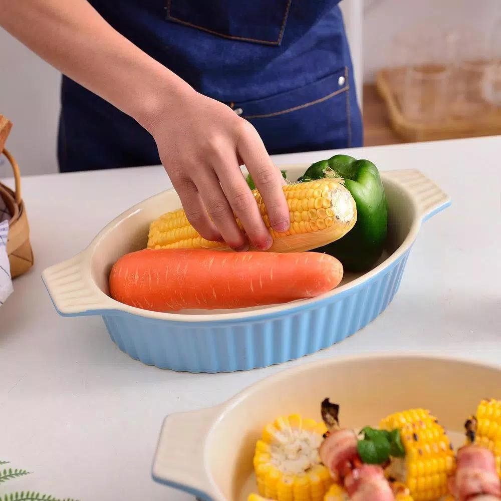 MALACASA 2-Piece Blue Oval Porcelain Bakeware Set, 12.75 in. and 14.5 in. Ceramic Baking Dishes
