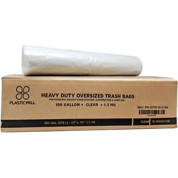 PlasticMill 100 Gallon Clear Trash Bags, 1.3 mil, 67 in. x 79 in. (50-Count)