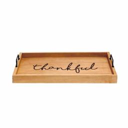 Elegant Designs Natural Wood Decorative Serving Tray with Black Metal Handles - Thankful Farmhouse Style thumbnail 4