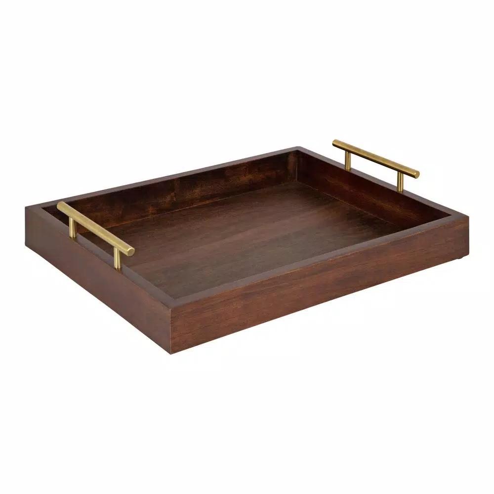 Kate and Laurel Lipton 16 in. x 12 in. Walnut Brown Decorative Wood Tray with Gold Metal Handles