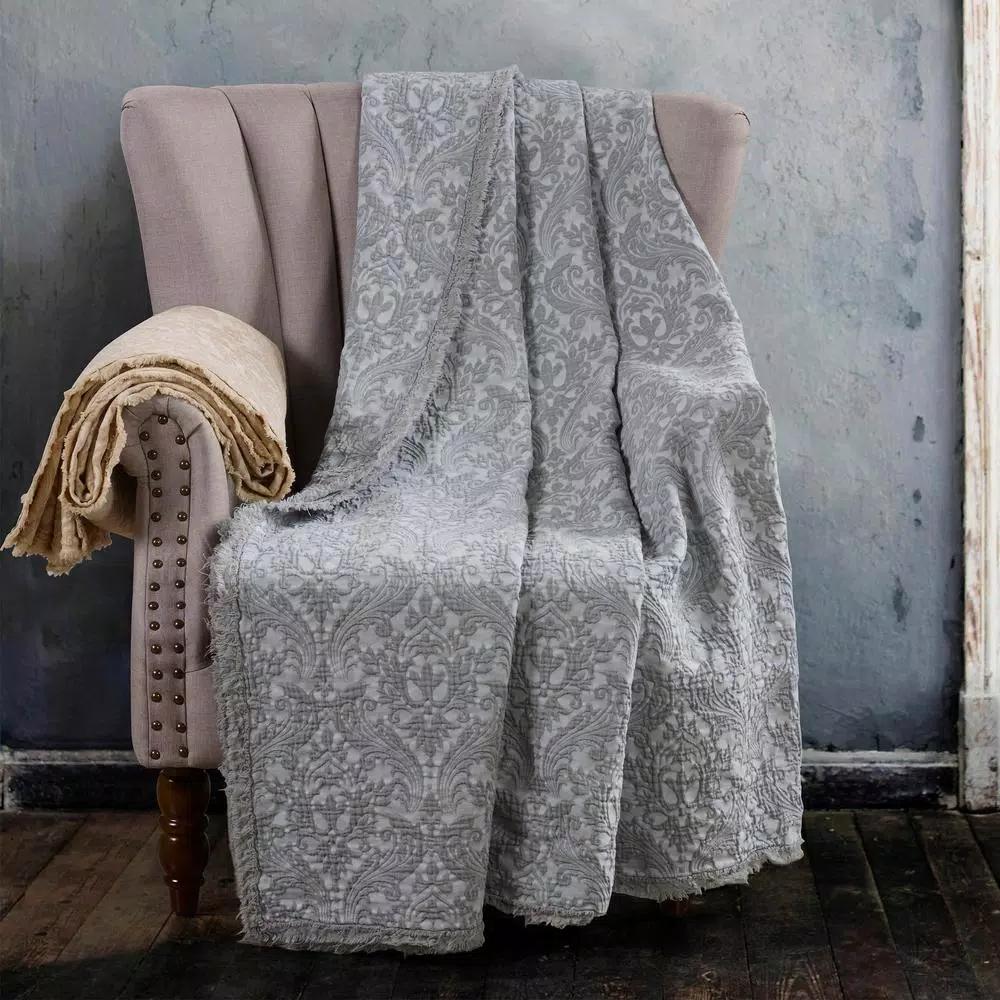 Donna Sharp Oatmeal Damask Cotton Oversized Throw Blanket with Fringed Edges