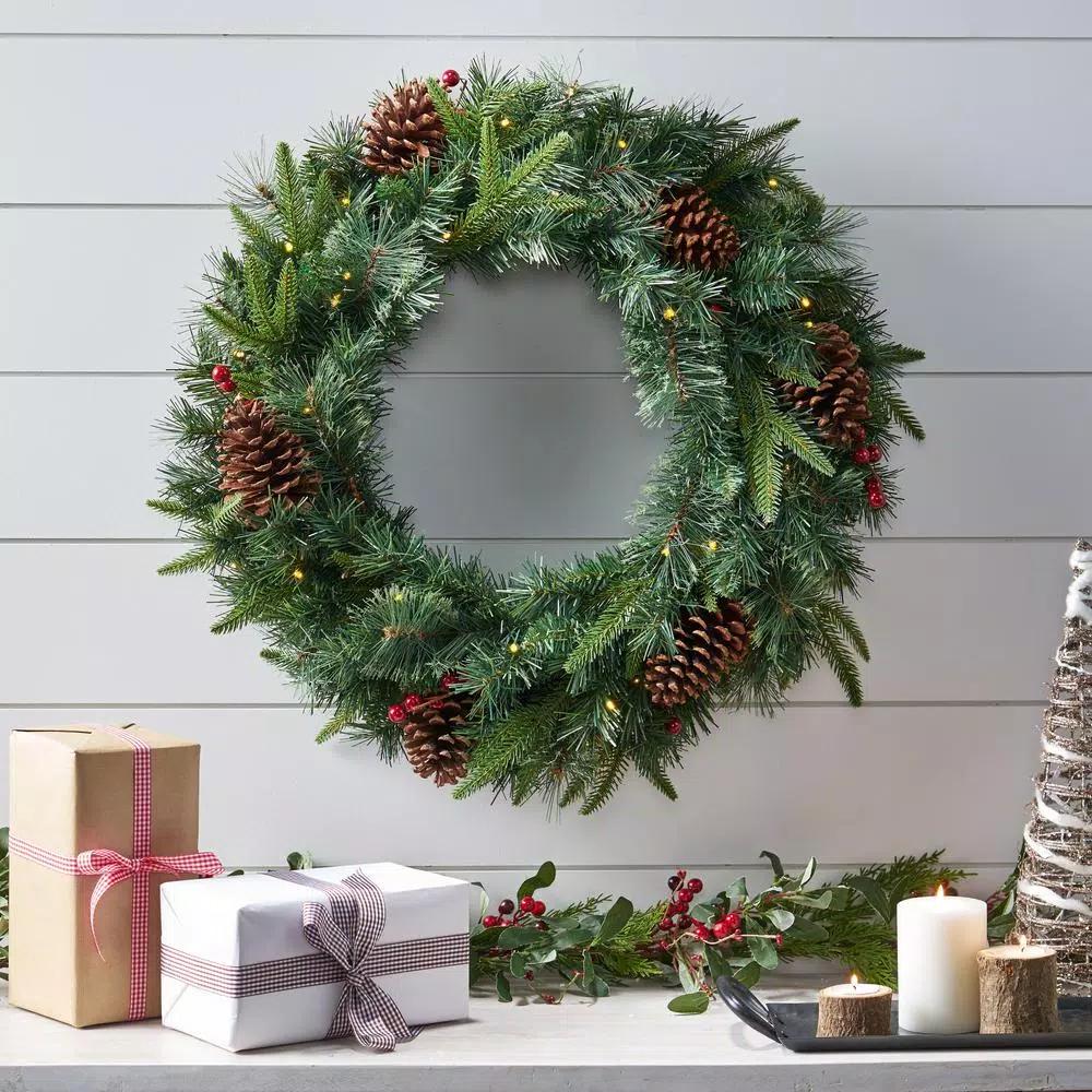 Noble House 24 in. Mixed Pine Artificial Christmas Wreath with Pine Cones, Berries, and Warm White LED Lights