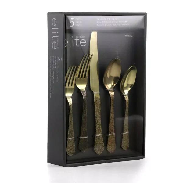 Gibson Elite Zambezi 5-Piece Gold Hammer Texture Stainless Steel Flatware Set, Service for 1