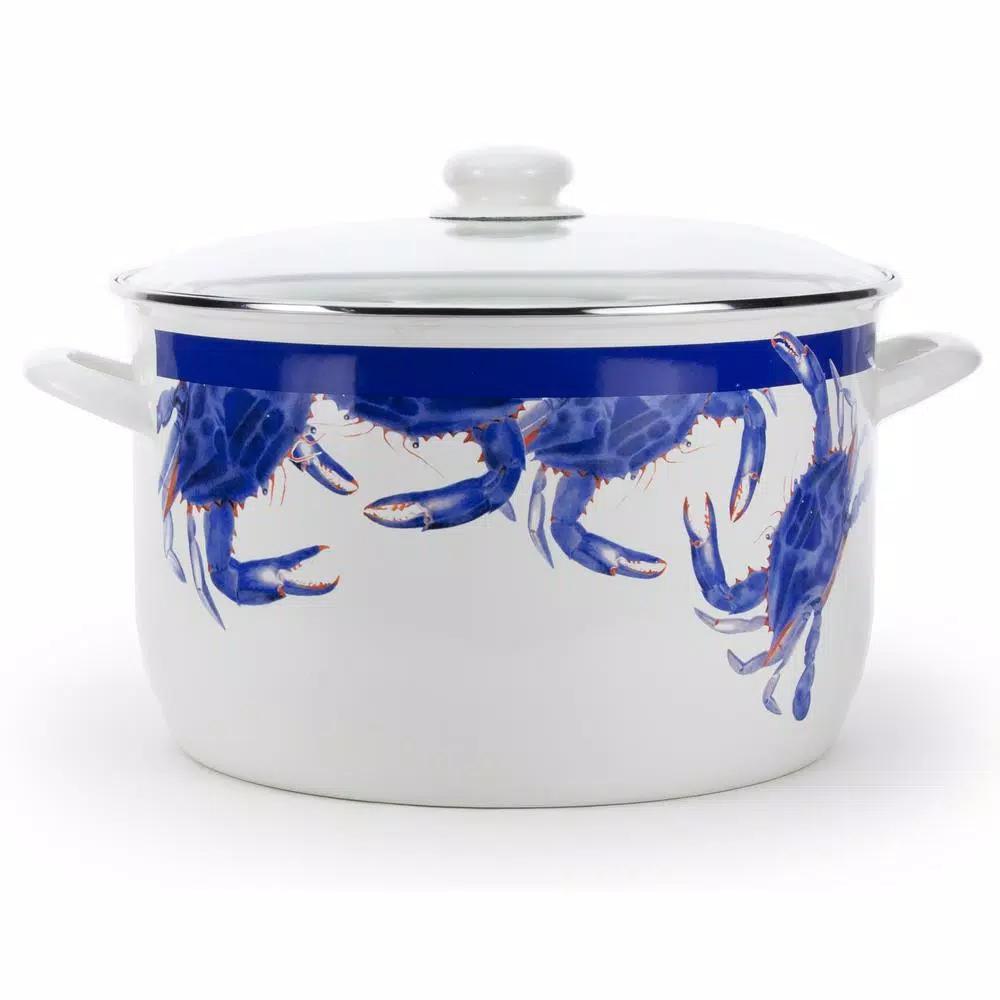 Golden Rabbit Blue Crab 18 qt. Porcelain-Coated Steel Stock Pot Set with Glass Lid and Rack