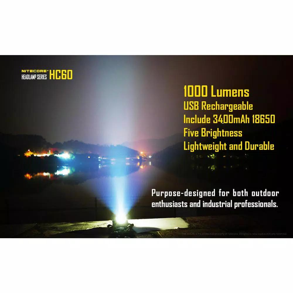 NITECORE HC60 1000 Lumens LED Rechargeable Headlamp with 18650 Battery