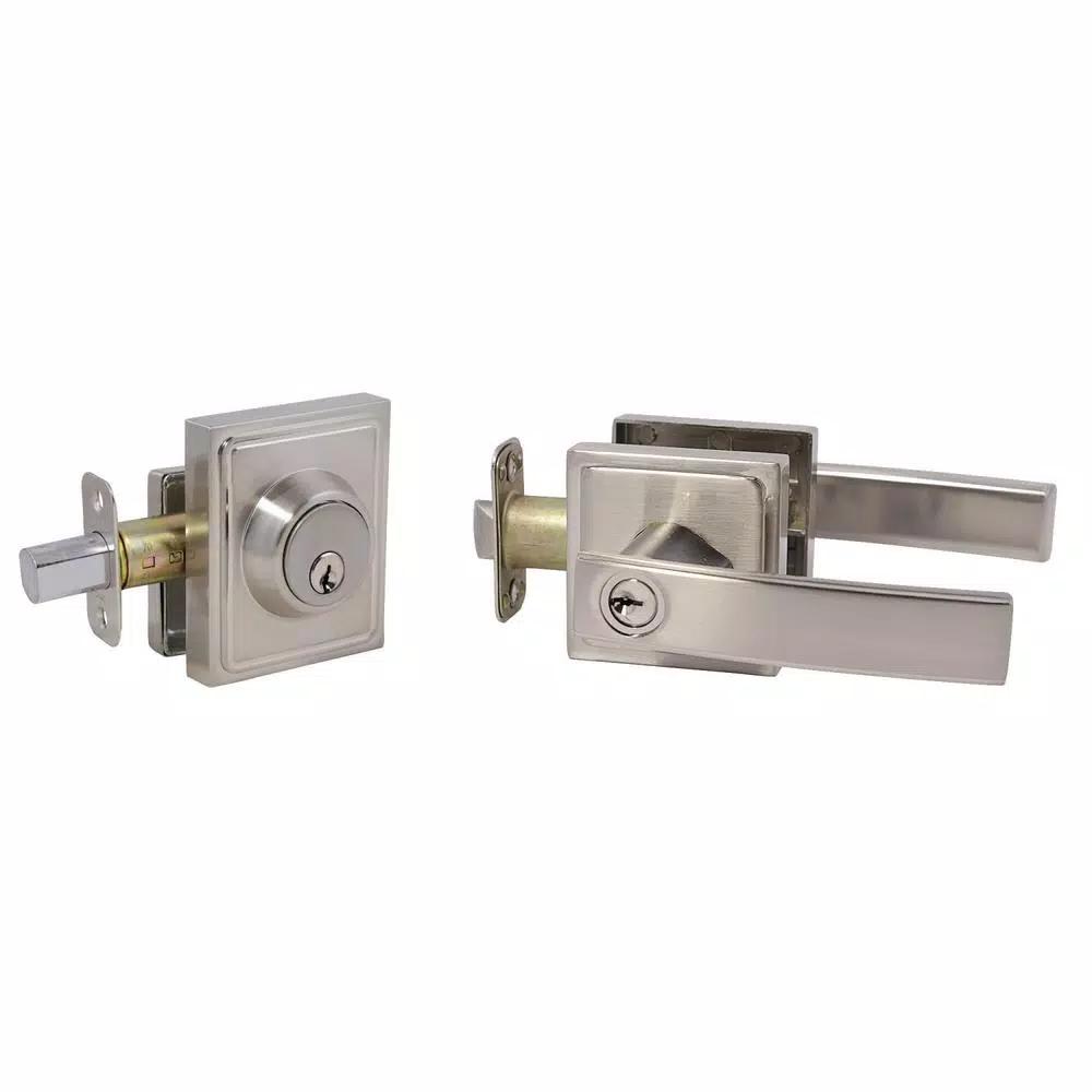Design House Vista Satin Nickel Entry Door Lever and Single Cylinder Deadbolt Combo