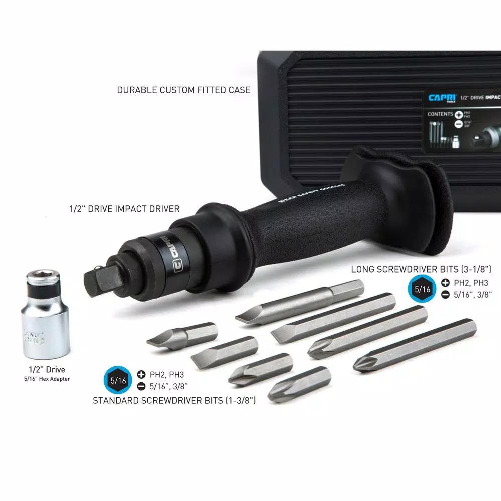 Capri Tools 10-Piece 1/2 in. Drive Impact Screwdriver Set with Hex Adapter and Bits