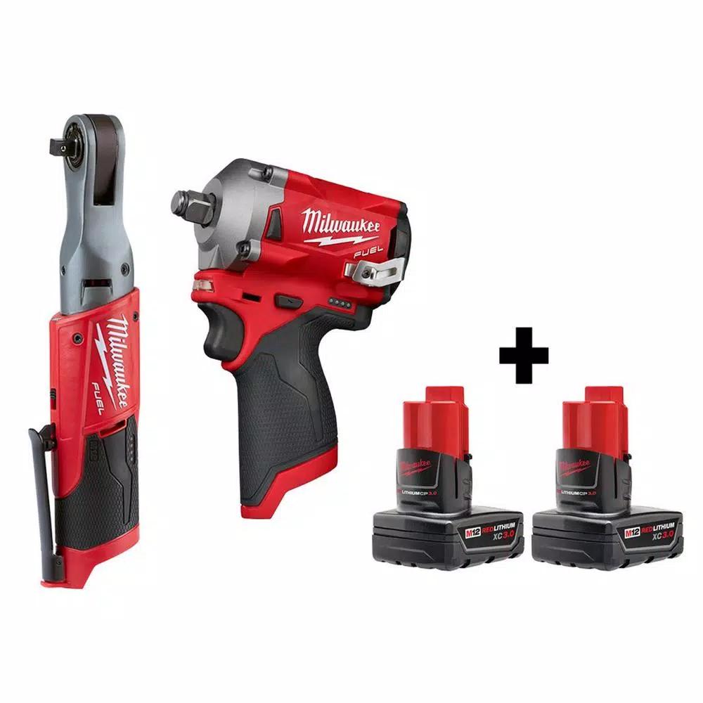 Milwaukee M12 FUEL 12V Cordless 3/8 in. Ratchet and 1/2 in. Stubby Impact Wrench Combo Kit with (2) 3.0 Ah Batteries