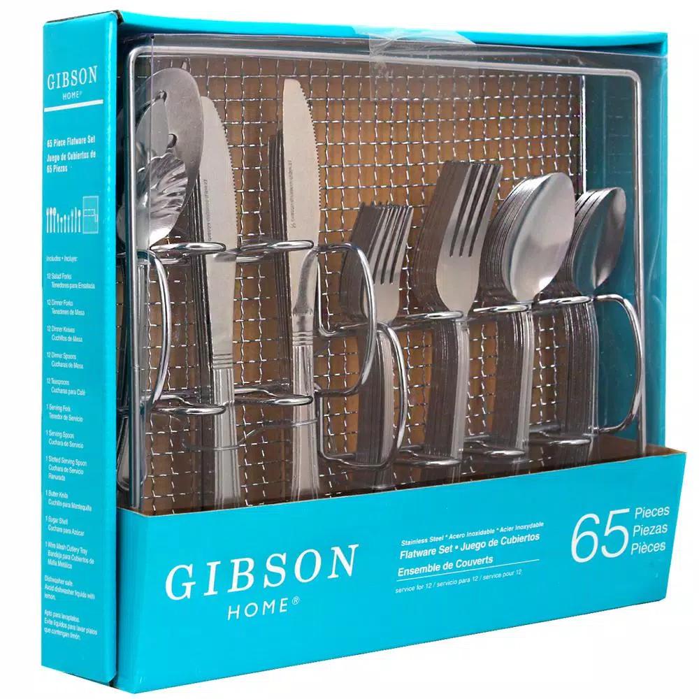 Gibson Home South Bay 65-Piece Stainless Steel Flatware Set with Wire Caddy, Service for 8