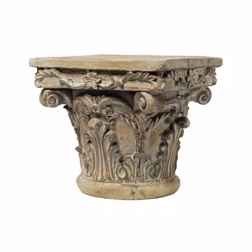 Benjara Aesthetic Resin Decorative Pedestal with Acanthus Leaf Design and Scrolled Details, Brown