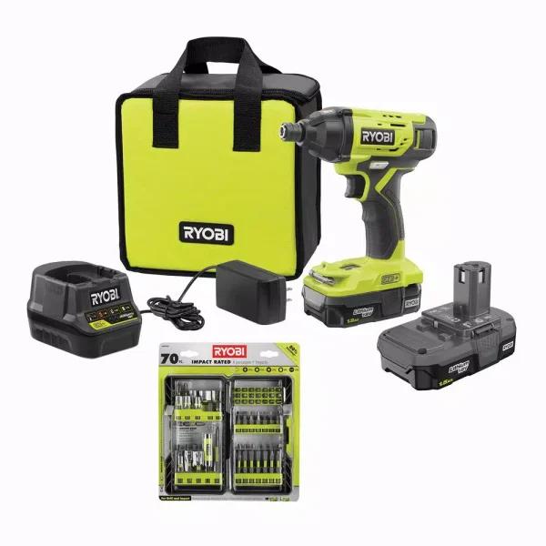 RYOBI 18V ONE+ Cordless 1/4 in. Impact Driver Kit with (2) 1.5 Ah Batteries, Charger, Bag, and 70-Piece Driving Kit