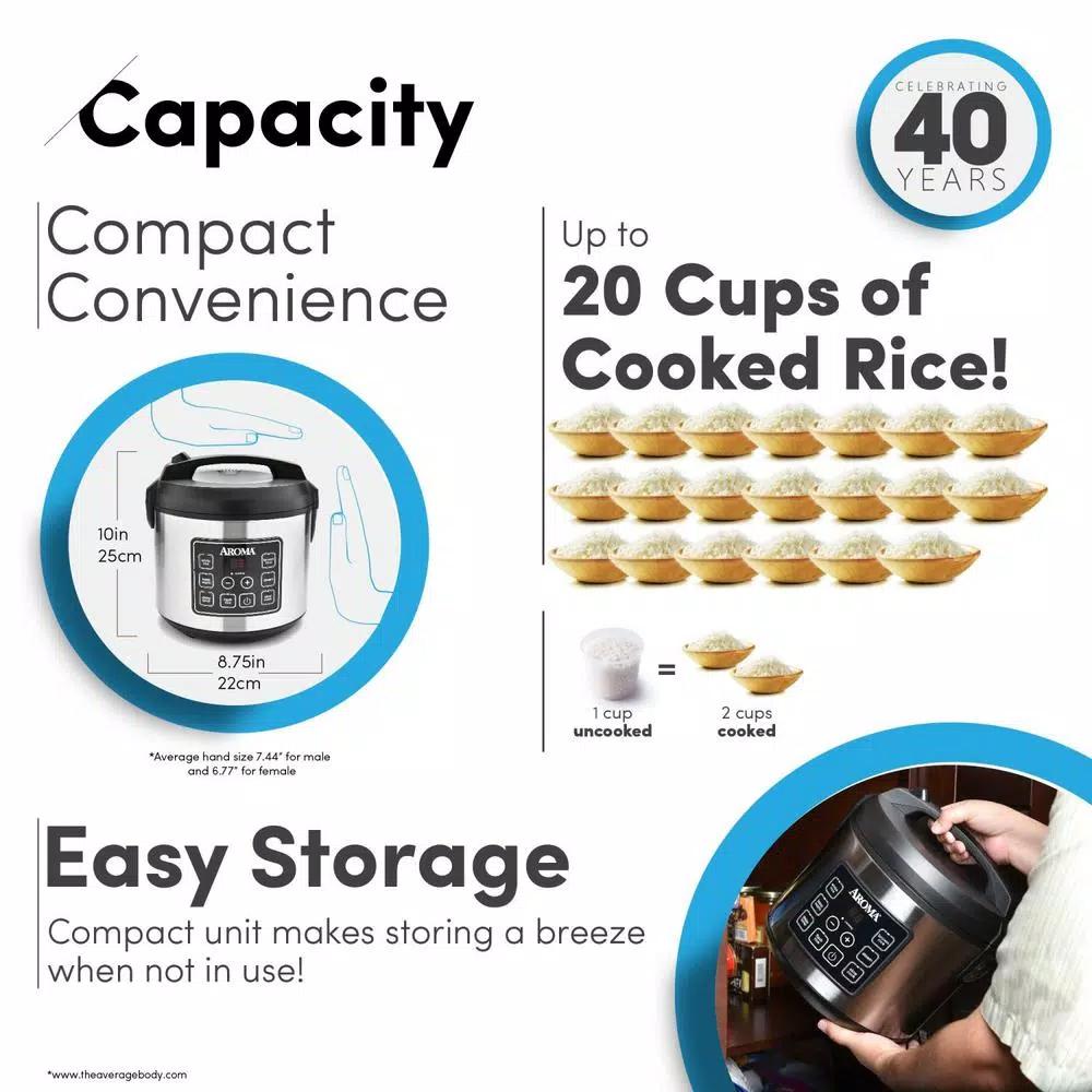 Aroma 20-Cup Digital Rice Cooker, Food Steamer, and Slow Cooker in Silver