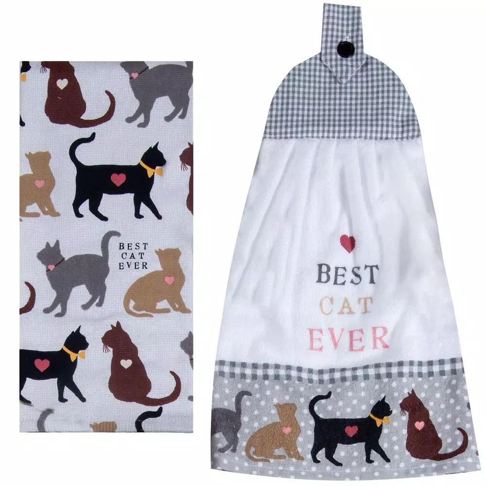 Kay Dee Fur Real Pets Cat Themed Cotton Kitchen Textile Set, 4-Piece Tan Pot Holder & Towel Set