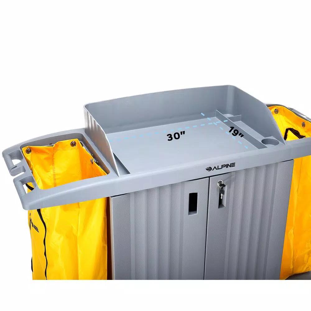 Alpine Industries 3-Shelf PVC Janitorial Cleaning Cart with 2 Yellow Vinyl Bags
