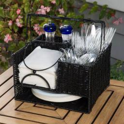 Trademark Innovations 12 in. Black Rattan Tabletop Condiment Organizer and Flatware Caddy thumbnail 3