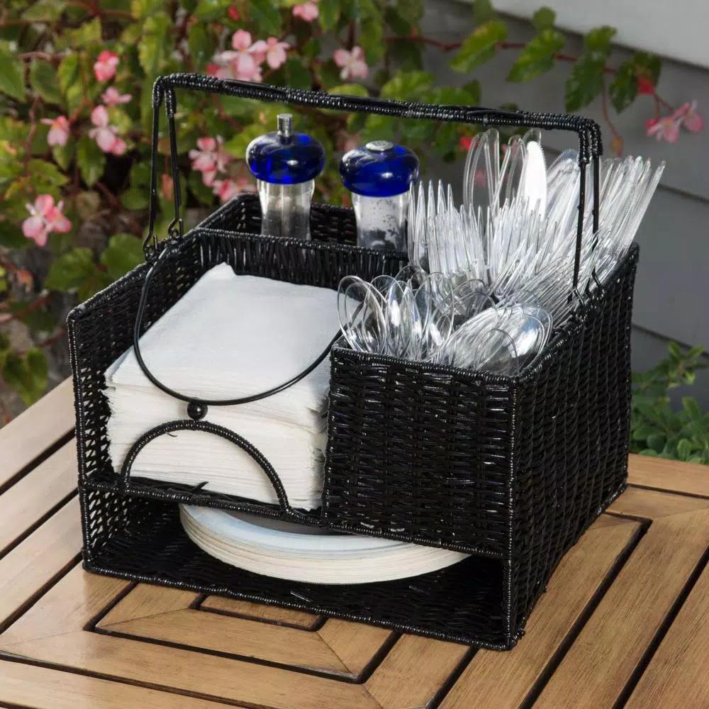 Trademark Innovations 12 in. Black Rattan Tabletop Condiment Organizer and Flatware Caddy