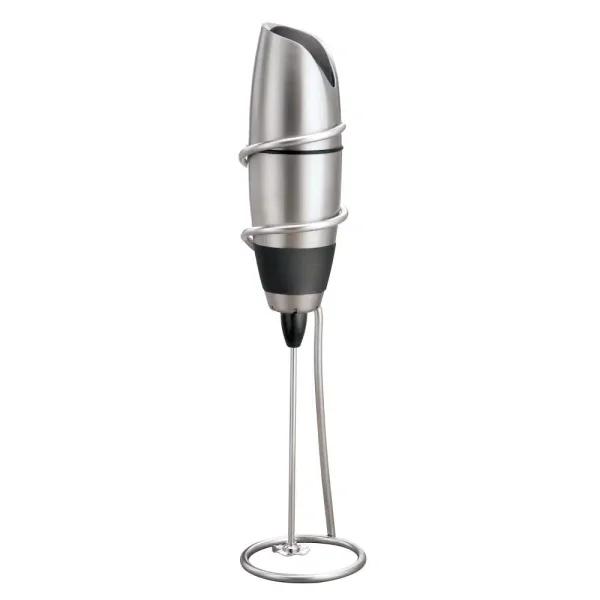 BonJour Black Stainless Steel Battery-Powered Milk Frother with Chrome Stand