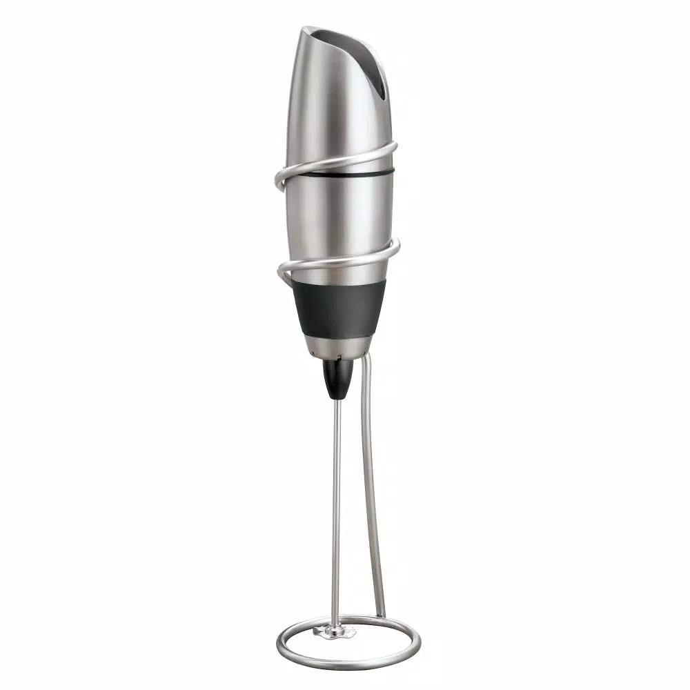 BonJour Black Stainless Steel Battery-Powered Milk Frother with Chrome Stand