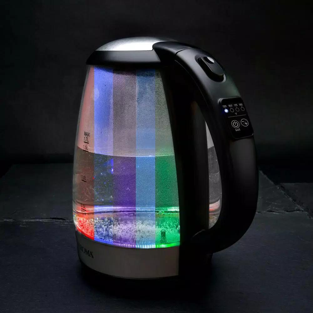 AROMA 7-Cup Black Glass Electric Kettle with Digital Temperature Display, 1.7L Cordless Pouring
