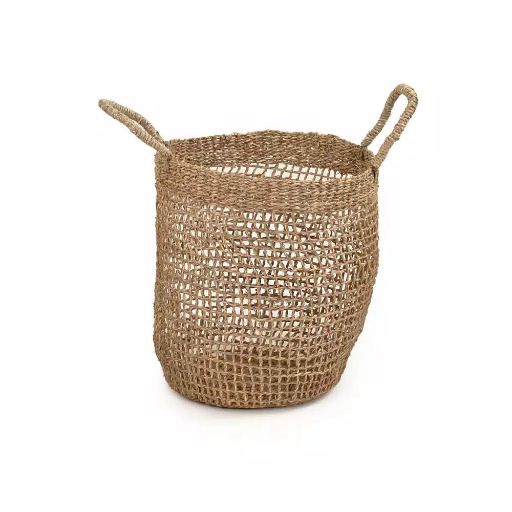 Zentique Hand Woven Seagrass Cylindrical Decorative Basket with Handles, Beige