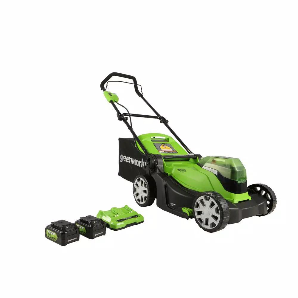 Greenworks 17 in. 48V Cordless Walk Behind Push Lawn Mower with (2) 4 Ah Batteries and Dual Port Charger