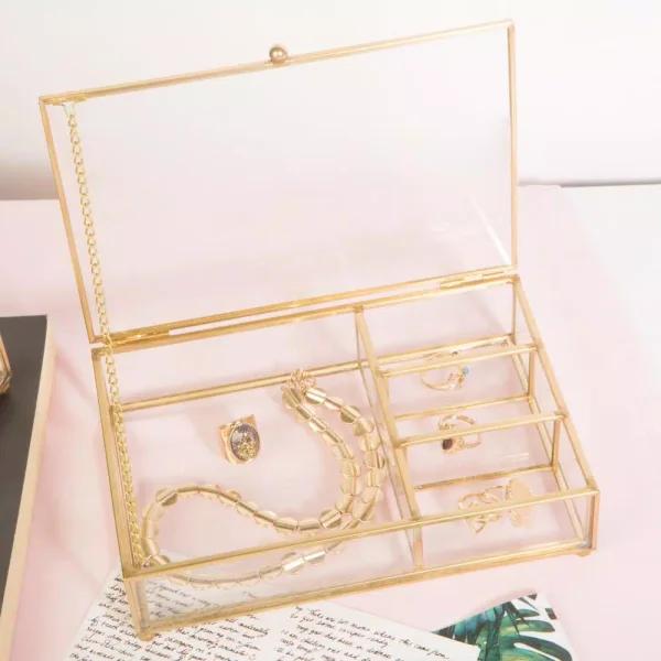 Home Details Vintage 4-Compartment Gold Glass Keepsake Box