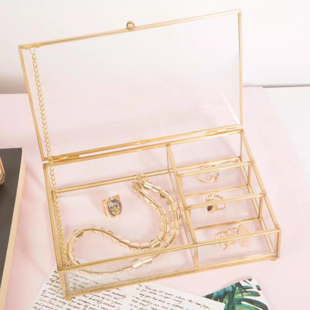 Home Details Vintage 4-Compartment Gold Glass Keepsake Box