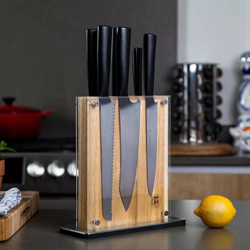 SCHMIDT BROS. Schmidt Brothers Carbon6 7-Piece Stainless Steel Cutlery Set with Acacia Midtown Knife Block