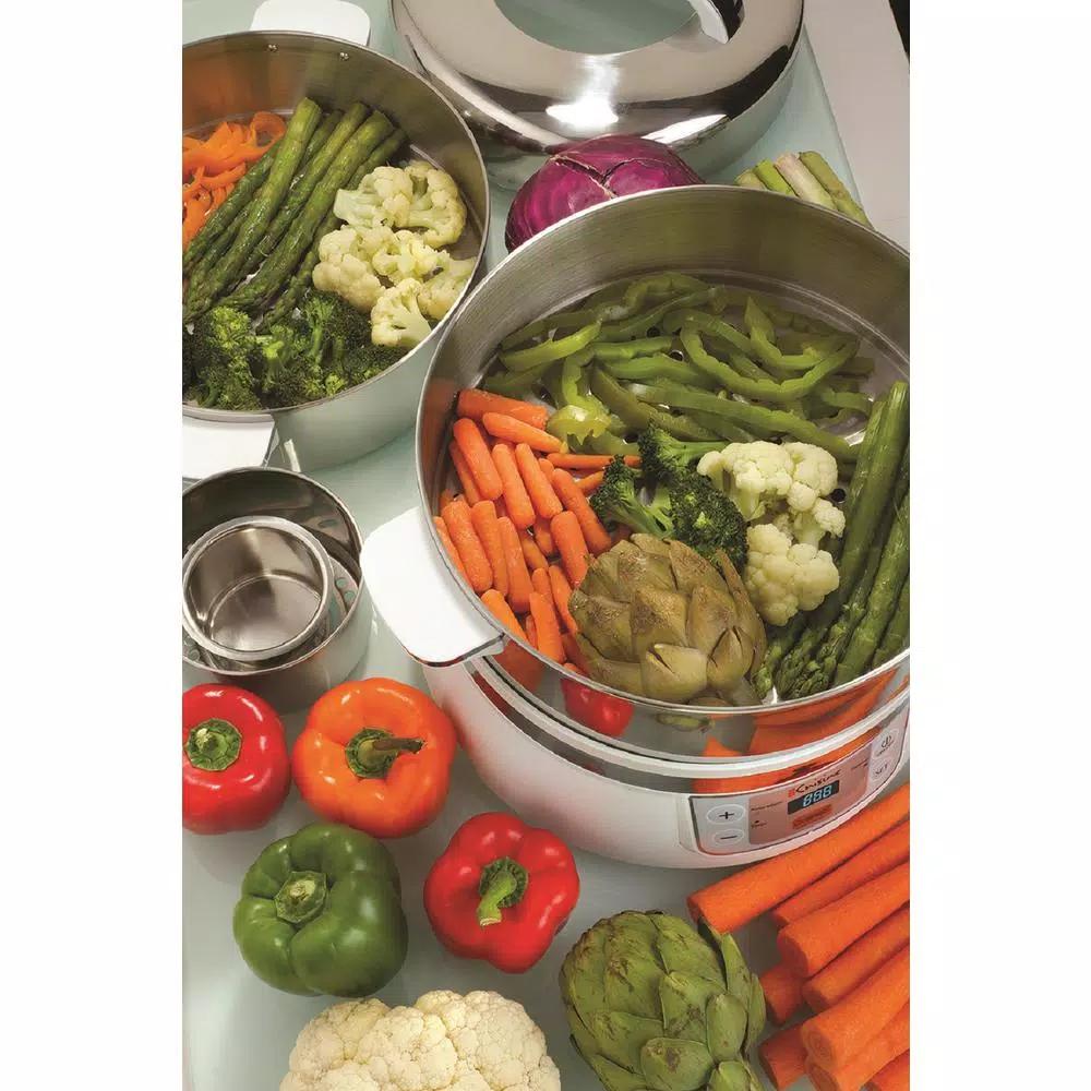 Euro Cuisine 16.9 Qt. 2-Tier Stainless Steel Electric Food Steamer and Rice Cooker with LCD Timer