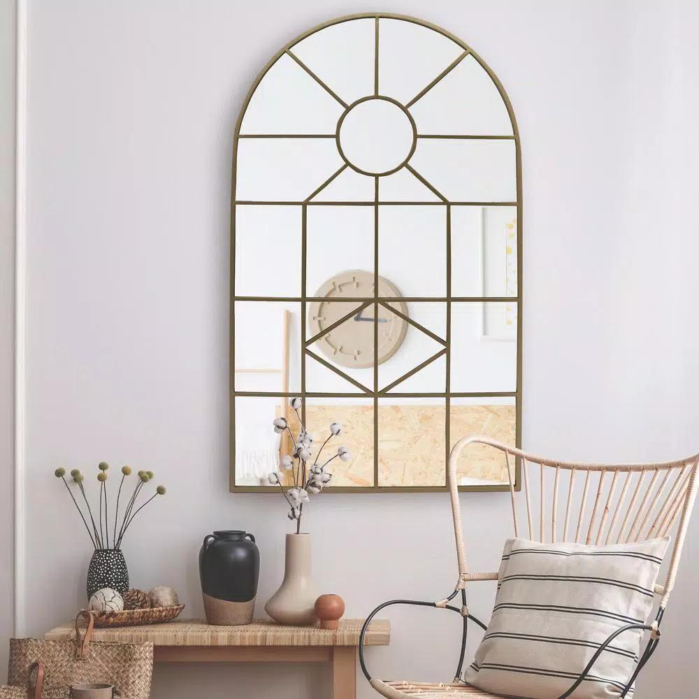 Home Decorators Collection Arched Gold Windowpane Accent Mirror, 24 x 39.3 in.