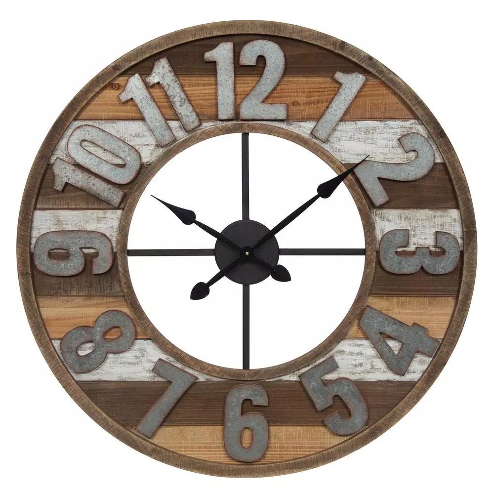 Pinnacle 33 in. Rustic Reclaimed Wood and Metal Round Wall Clock - Farmhouse Style