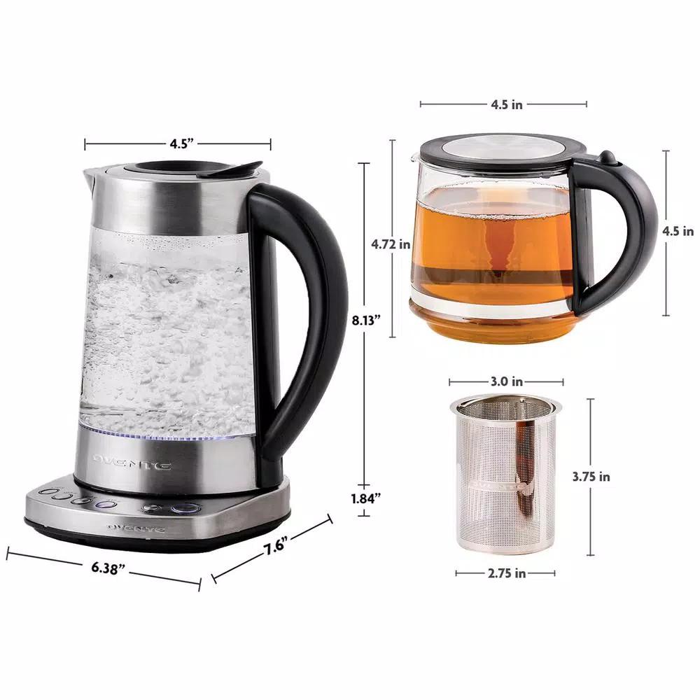 Ovente 1.7L Stainless Steel Glass Electric Kettle with ProntoFill Technology and 27-Oz Teapot Bundle