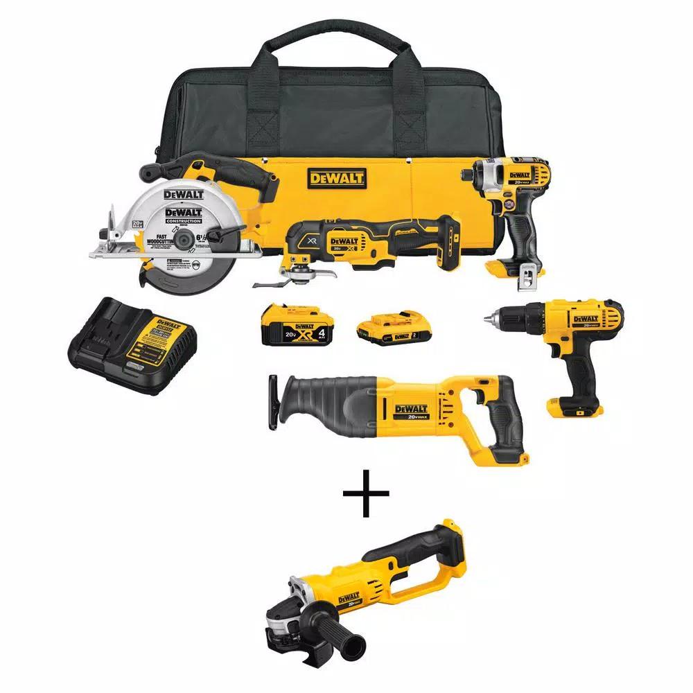 DEWALT 20V MAX Cordless 5-Tool Combo Kit with 4.0Ah & 2.0Ah Batteries, Charger, Grinder & Tool Bag