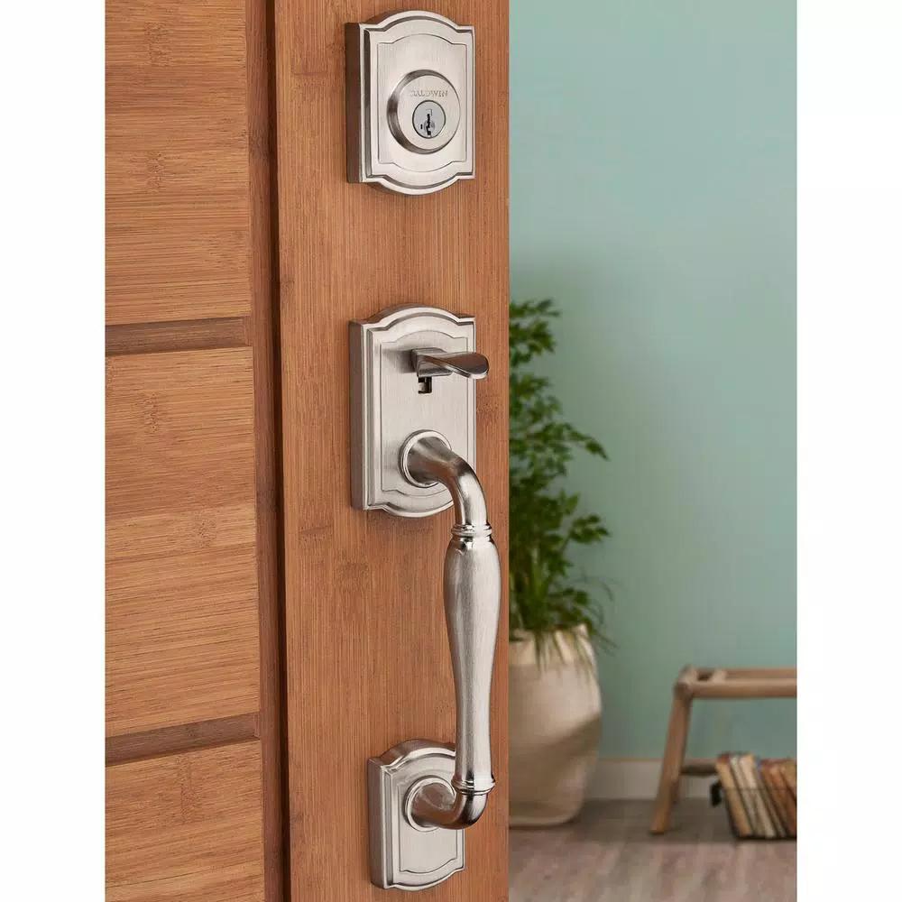 Baldwin Prestige Wesley Single Cylinder Satin Nickel Handleset with Arch Rose Carnaby Knob and SmartKey Security