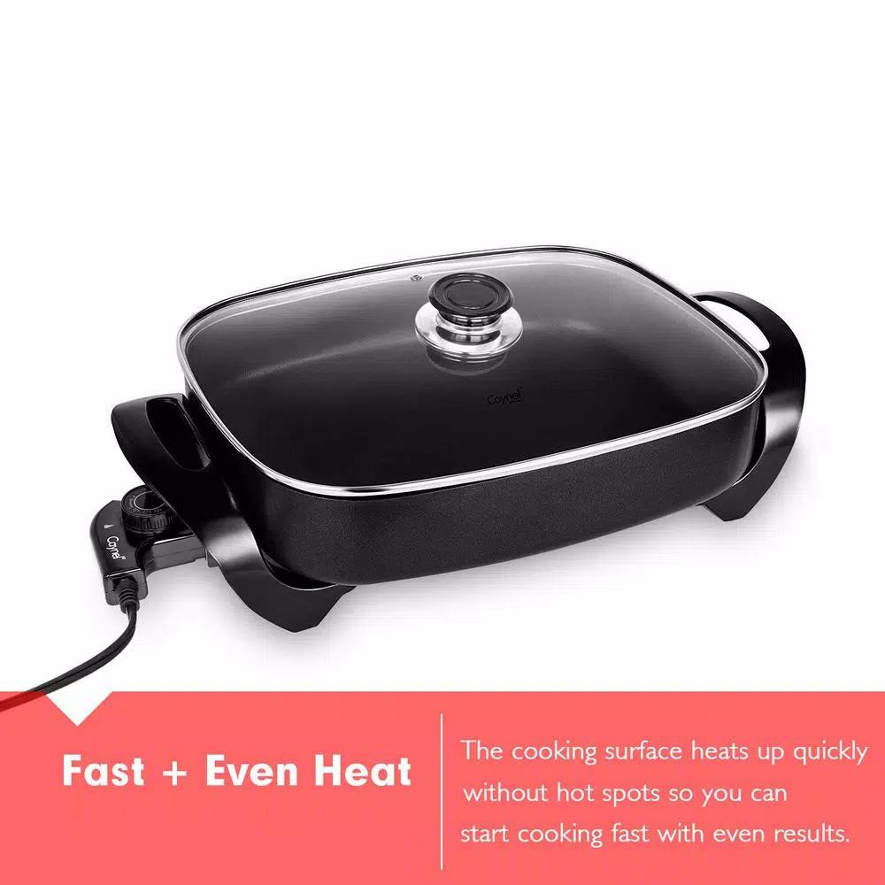 Boyel Living 12 in. Square Black Nonstick Ceramic Electric Skillet, 1400W with Tempered Glass Lid