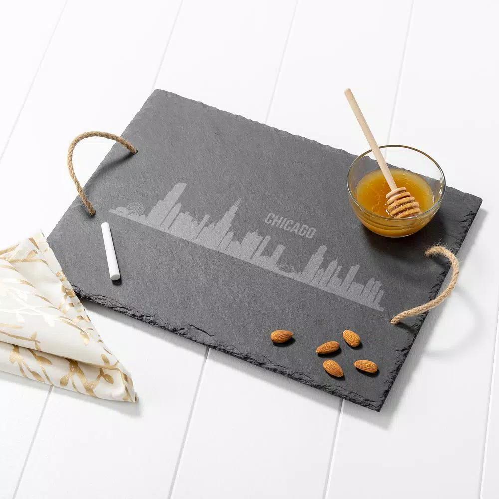 Cathy's Concepts Chicago Skyline Black Slate Serving Tray with Hemp Handles