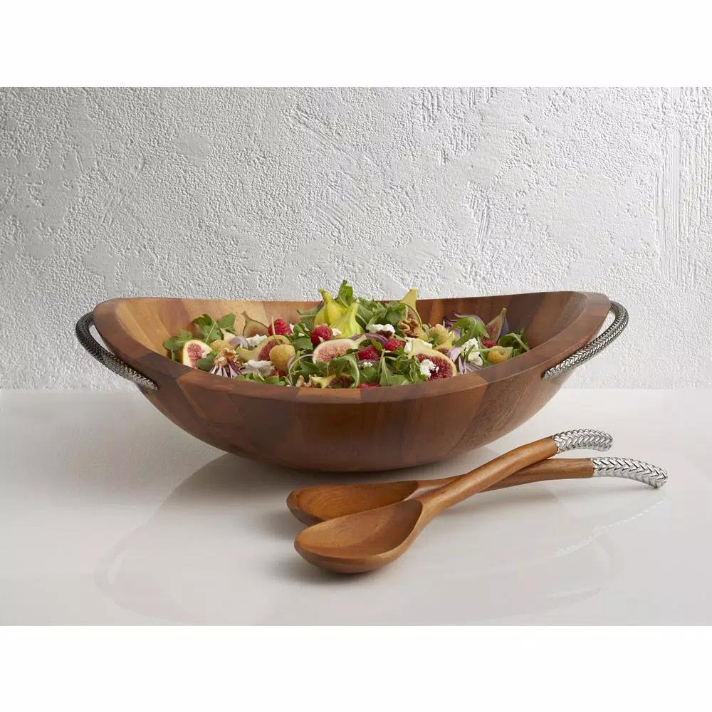 Nambe 20 in. Braid Acacia Wood Salad Bowl with Chrome Accented Servers, 32 oz.