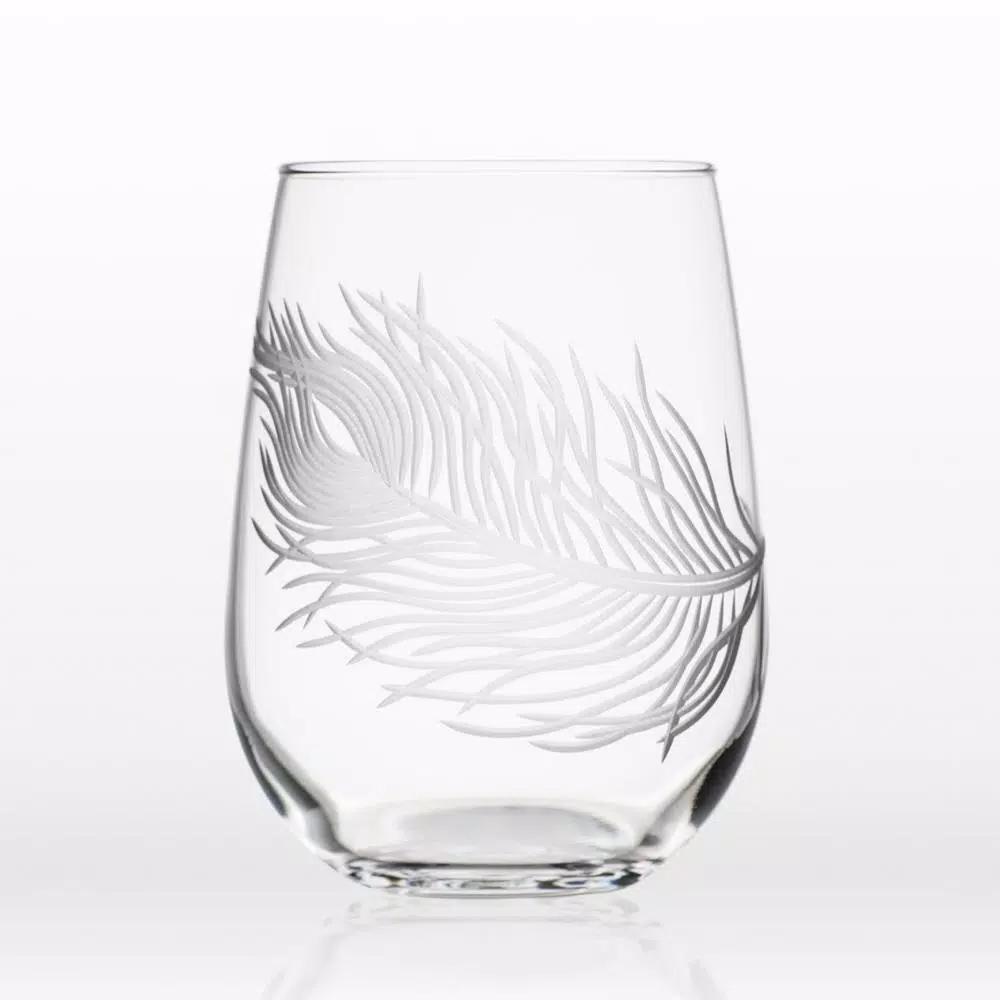 Rolf Glass Peacock Etched Stemless Wine Glass Set of 4, 17 oz Clear Glass Tumblers