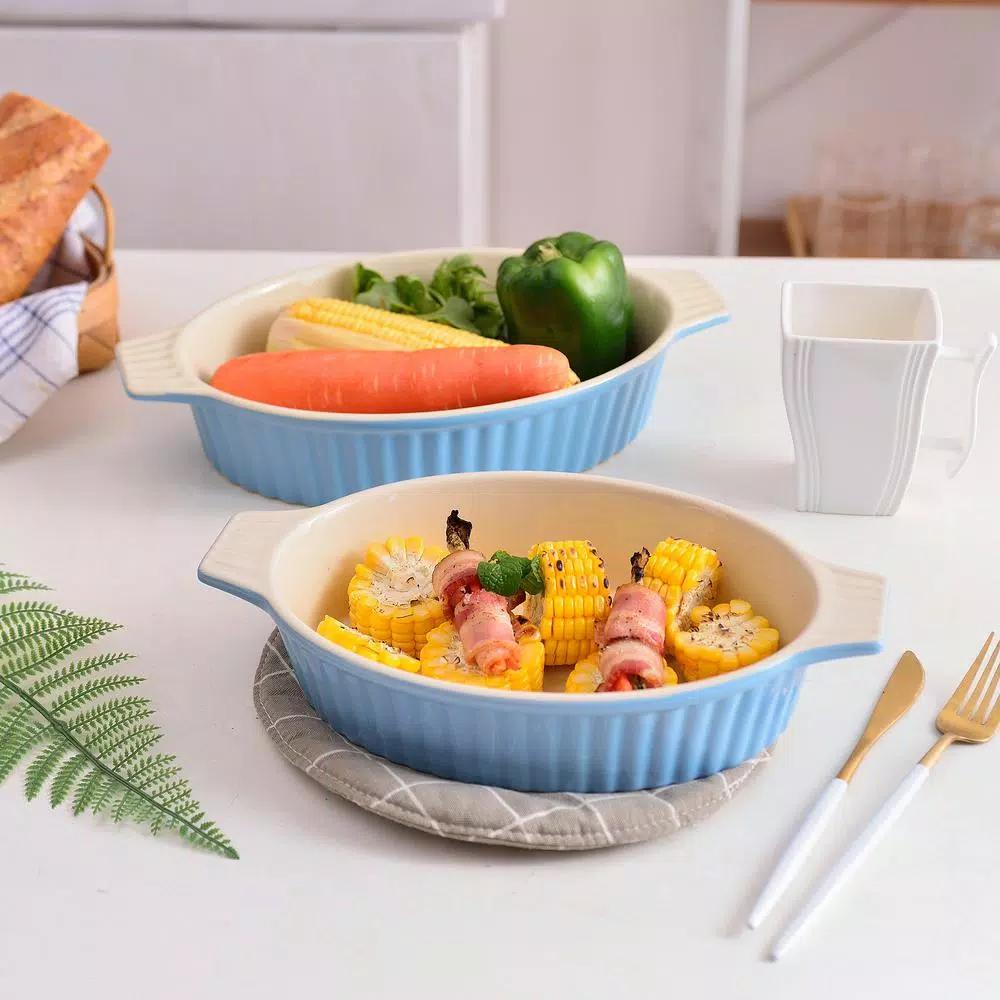 MALACASA 2-Piece Blue Oval Porcelain Bakeware Set, 12.75 in. and 14.5 in. Ceramic Baking Dishes